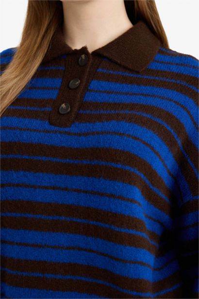 Loose Fit Polo Yaka Çizgili Triko Kazak Tunik