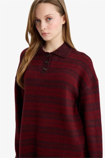 Loose Fit Polo Neck Knit Striped Tunic