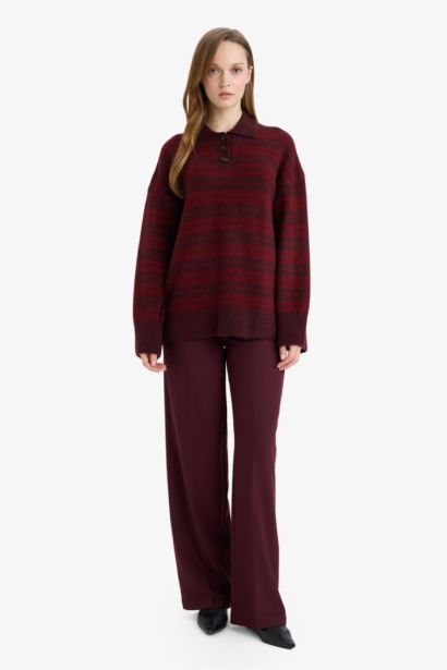 Loose Fit Polo Neck Knit Striped Tunic