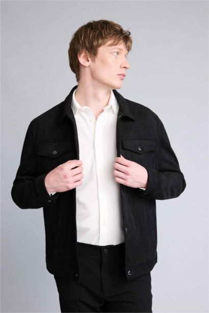 Slim Fit Lined Suede Puffer Jacket