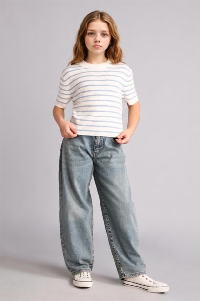 بلوفر بناتي مضلع قصة عادية بياقة مستديرة