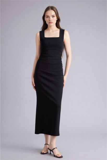 Облегающее платье миди в рубчик Bodycon без рукавов с квадратным вырезом