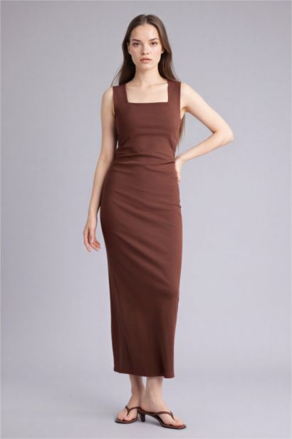 Облегающее платье миди в рубчик Bodycon без рукавов с квадратным вырезом