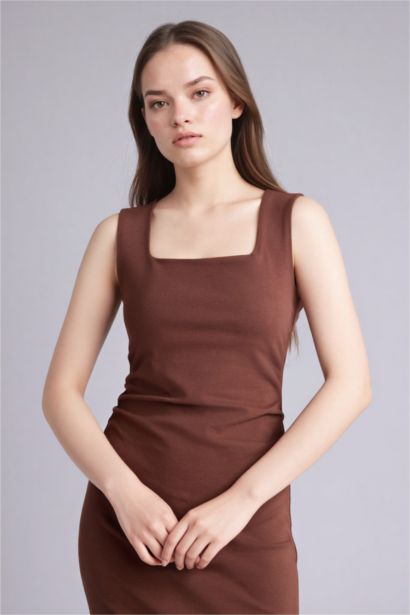 Облегающее платье миди в рубчик Bodycon без рукавов с квадратным вырезом