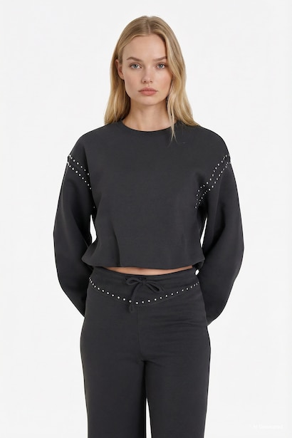 Oversıze Bisiklet Yaka Kalın Kumaş Sweatshirt