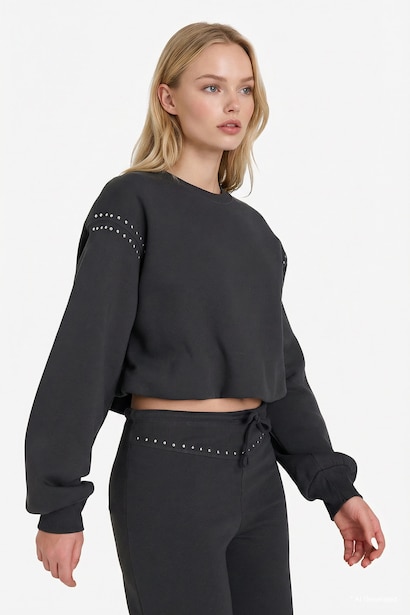 Oversıze Bisiklet Yaka Kalın Kumaş Sweatshirt