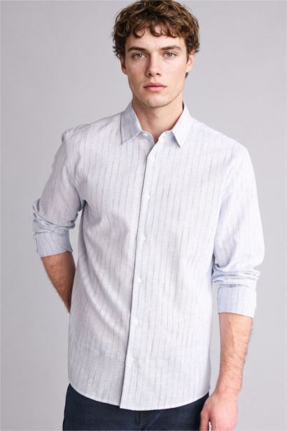 Regular Fıt Gömlek Yaka Çizgili Keten Karışımlı Uzun Kollu Gömlek