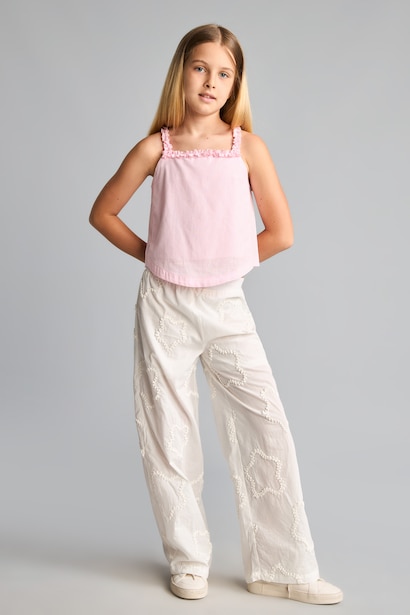 Girl Wide Leg Elastic Band Embroidered Trousers