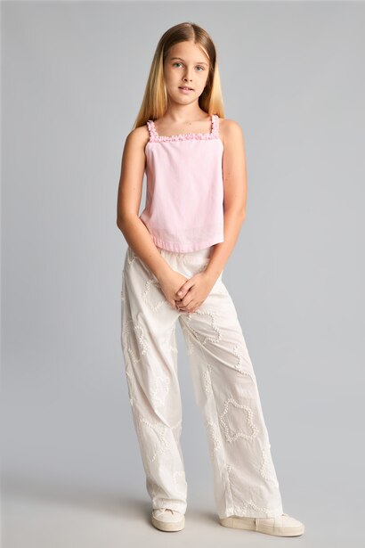 Girl Wide Leg Elastic Band Embroidered Trousers