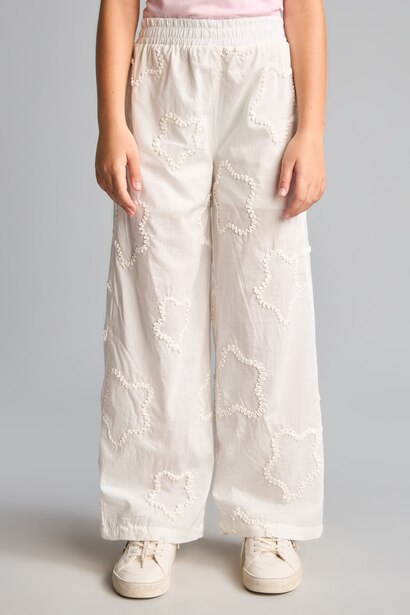 Girl Wide Leg Elastic Band Embroidered Trousers