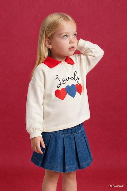 Baby Girl Oversize Fit Polo Collar Printed Sweatshirt