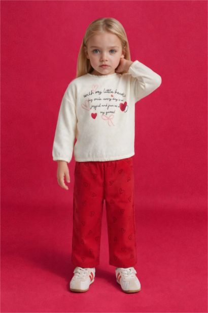 Baby Girl Heart Pattern Textured Sweatshirt and Trousers Set