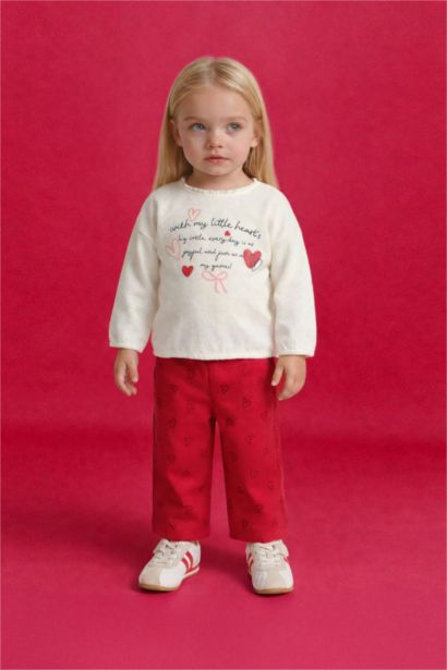 Baby Girl Heart Pattern Textured Sweatshirt and Trousers Set