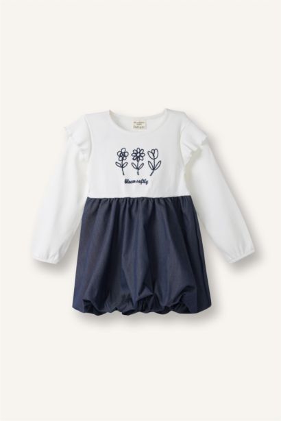 Balloon Fit Embroidered Long Sleeve Woven Dress