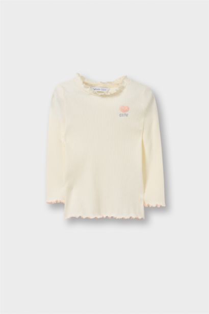 Girl Ruffled Collar Ribbed Long Sleeve T-Shirt