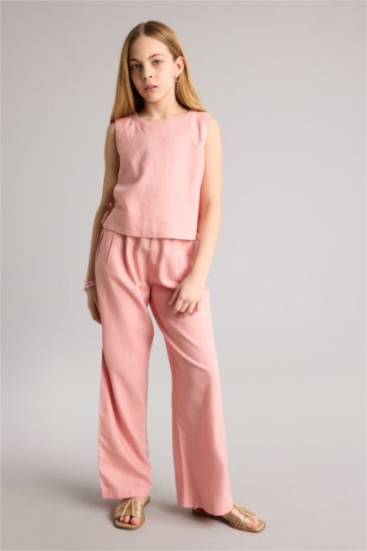 Girls Wide Leg Linen Blend Trousers