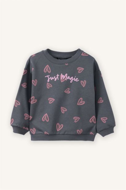Baby Girl Oversize Fit Crew Neck Patterned Sweatshirt