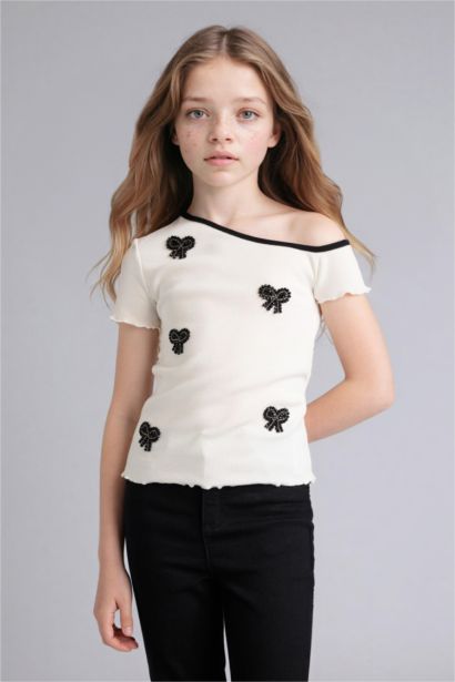 Fiyonk Baskılı Fitilli Kaşkorse Tişört Kız Çocuk