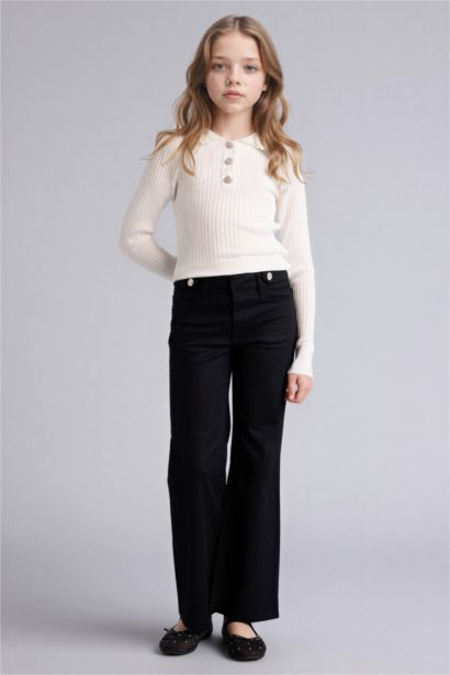 Taş Düğme Detaylı Kazak Kız Çocuk