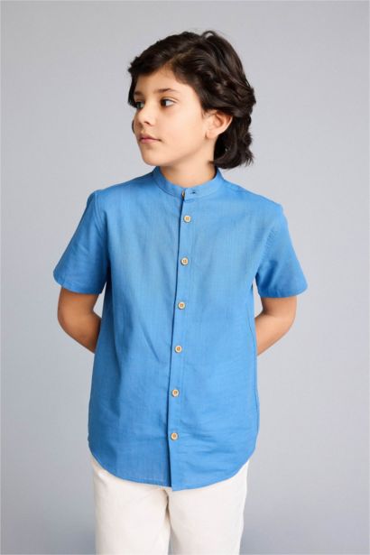 قميص ولادي نص ردن ذو مظهر كتان قصة عادية