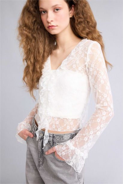 ұзын бұлшықет пішімі v жаға Ұзын Жеңді Блуза