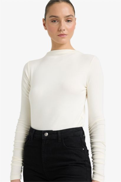 Slim Fit Half Turtleneck Ribbed Long Sleeve T-Shirt