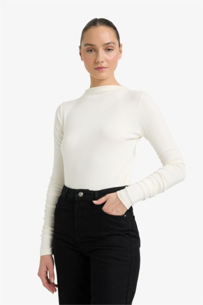 Slim Fit Half Turtleneck Ribbed Long Sleeve T-Shirt