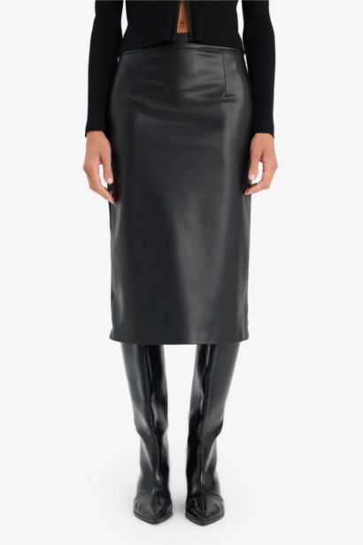 Pencil Skirt Faux Leather Normal Waist Midi Skirt