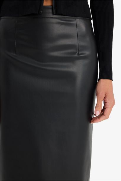 Pencil Skirt Faux Leather Normal Waist Midi Skirt