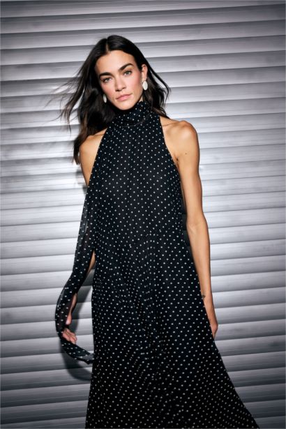 Asymmetric Degaje Neck Dot Printed Chiffon Midi Dress