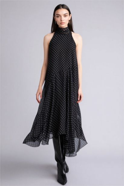 Asymmetric Degaje Neck Dot Printed Chiffon Midi Dress