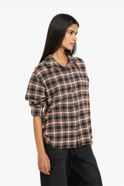 Oversize Fit Shirt Collar Flanel Plaid Long Sleeve Shirt