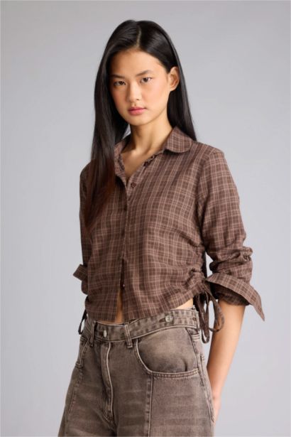 Slim Fit Baby Collar Linen Blended Plaid Long Sleeve Shirt