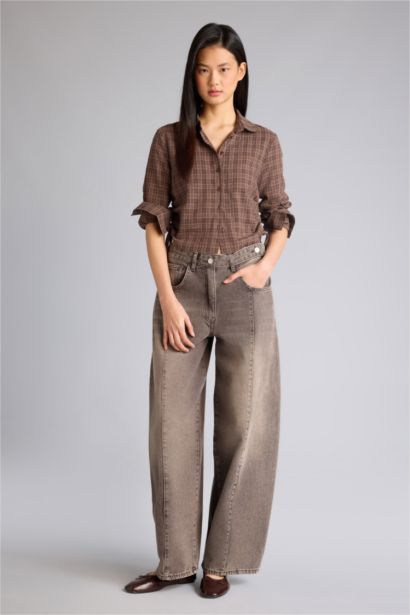 Slim Fit Baby Collar Linen Blended Plaid Long Sleeve Shirt