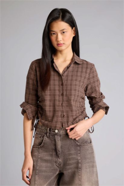 Slim Fit Baby Collar Linen Blended Plaid Long Sleeve Shirt