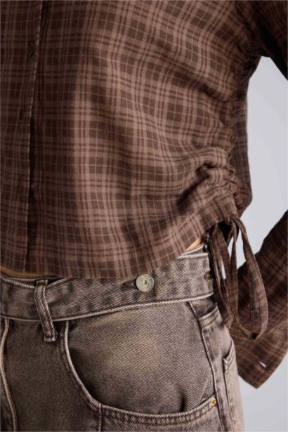 Slim Fit Baby Collar Linen Blended Plaid Long Sleeve Shirt