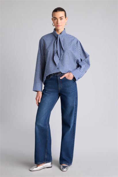 Oversıze Fular Yaka Kareli Poplin Gömlek