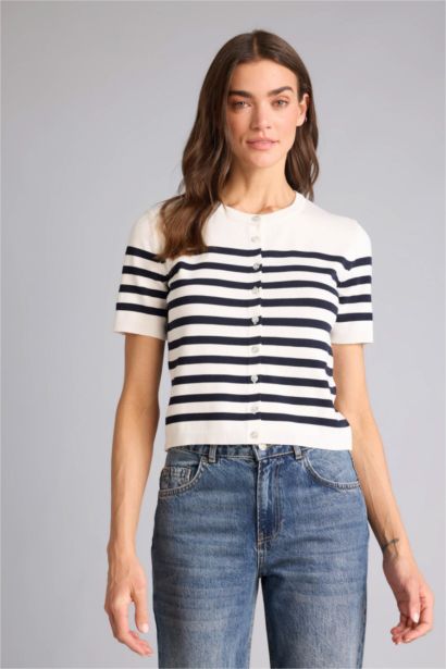 Regular Fit Crew Neck Striped Cardigan