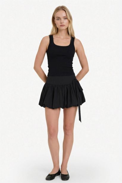 Balloon Fit Striped Combed Lining Normal Waist Mini Skirt