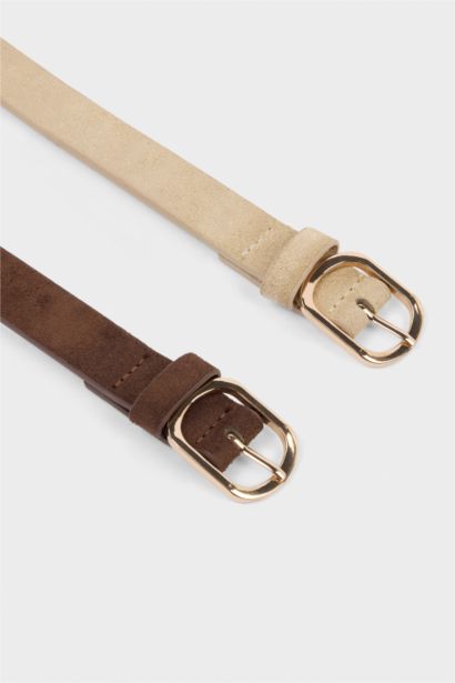 Kadın Dikdörtgen Toka Suni Deri 2'li Günlük Kemer