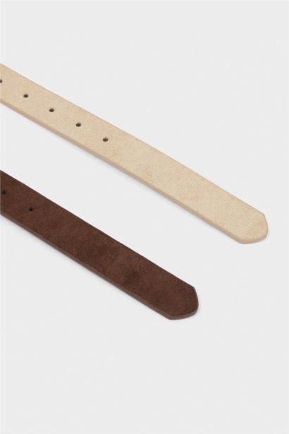 Kadın Dikdörtgen Toka Suni Deri 2'li Günlük Kemer