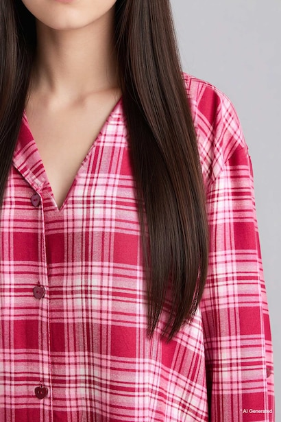 Regular Fıt Pijama Yaka Flanel Uzun Kollu Gecelik