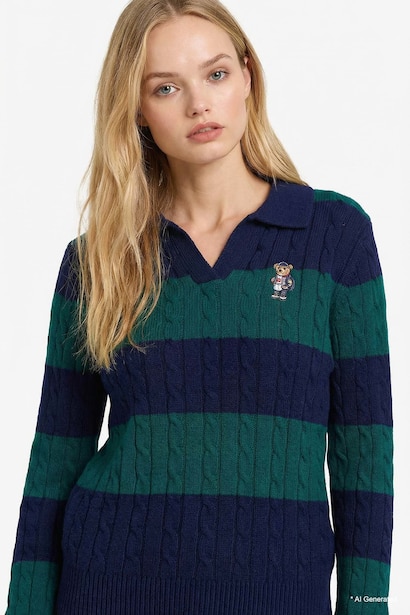 Polo Yaka Çizgili Örgü Kazak
