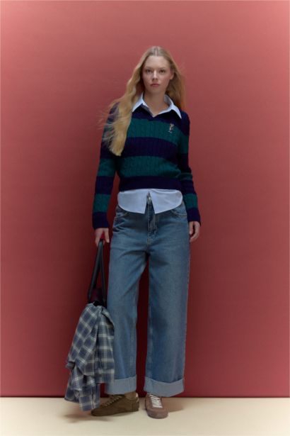 Regular Fit Polo Collar Striped Pullover