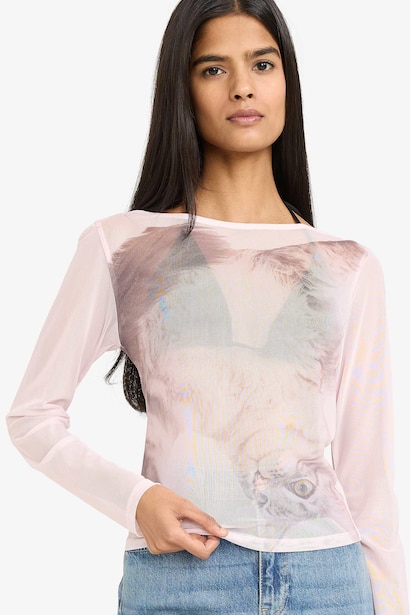 Fitted Boat Neck Printed Tulle Long Sleeve T-Shirt