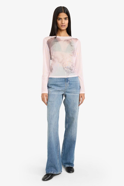 Fitted Boat Neck Printed Tulle Long Sleeve T-Shirt