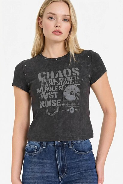 Fitted Crepe Neck Printed Ribbed Short Sleeve T-Shirt