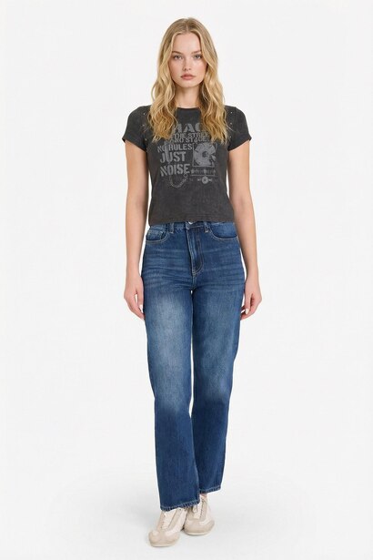 Fitted Crepe Neck Printed Ribbed Short Sleeve T-Shirt