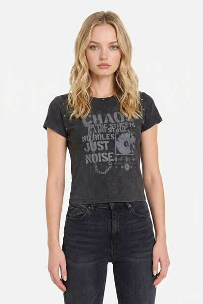 Fitted Crepe Neck Printed Ribbed Short Sleeve T-Shirt