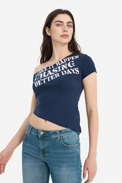 100% Cotton Fitted Boat Neck Slogan Print Ribbed T-Shirt